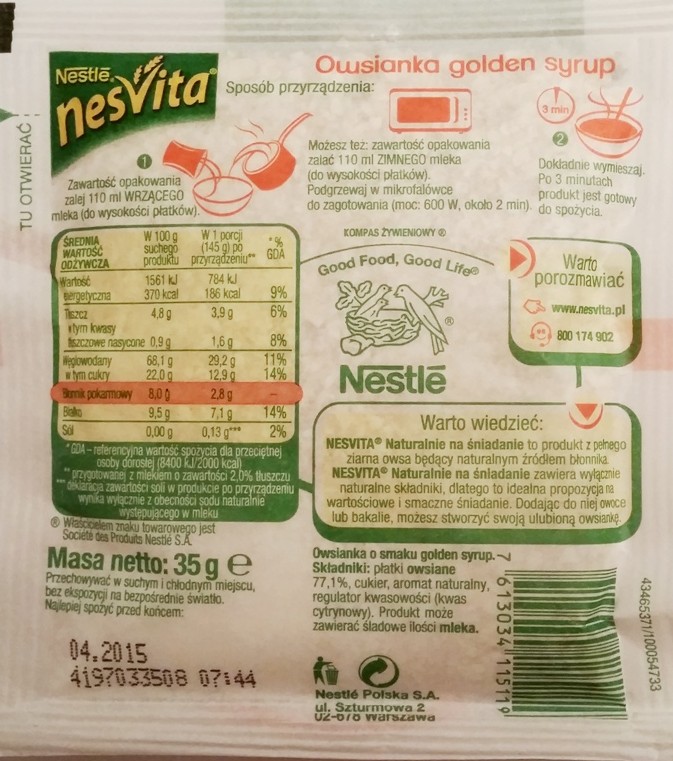 Nestle, NesVita Naturalnie na śniadanie owsianka golden syrup (1)