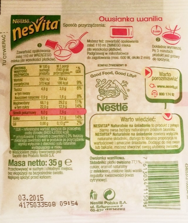 Nestle, NesVita Naturalnie na śniadanie owsianka wanilia (1)