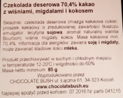Chocolate Bush, Czekolada deserowa 70,4 kakao z wiśniami, migdałami i kokosem (2)