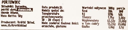 Krótki Skład, Portowiec, wegański surowy baton, raw bar bez glutenu, z żurawiną, skład i wartości odżywcze, copyright Olga Kublik