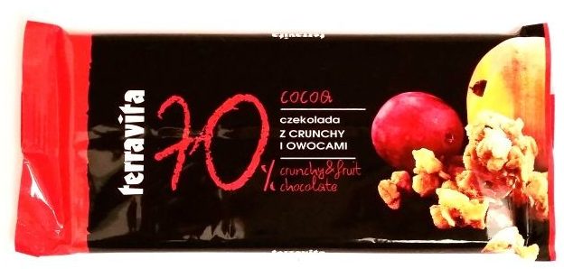 Terravita, 70% cocoa czekolada z crunchy i owocami, gorzka czekolada z rodzynkami i morelami, copyright Olga Kublik