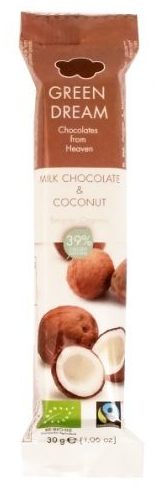 Green Dream, Milk Chocolate & Coconut 39%, baton z belgijskiej mlecznej czekolady z kokosem, fairtrade, copyright Olga Kublik