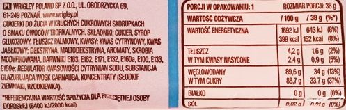 Wrigley, Tropical Skittles, kolorowe cukierki o smaku owoców egzotycznych, skład i wartości odżywcze, copyright Olga Kublik