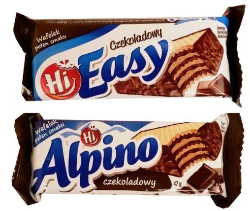 Mokate, Hi Easy Alpino wafel czekoladowy, kruche wafle częściowo oblane polewą kakaową, słodycze z Biedronki i Auchan, copyright Olga Kublik
