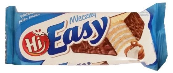 Mokate, Hi Easy wafel Mleczny, kruchy wafel z kremem mlecznym częściowo oblany czekoladą, słodycze z Auchan, copyright Olga Kublik
