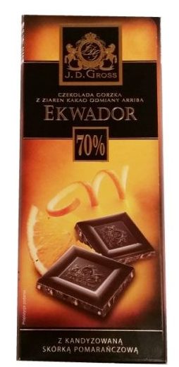 J. D. Gross, czekolada gorzka Ekwador 70 z kandyzowana skórką pomarańczową, ciemna czekolada pomarańczowa z Lidla, copyright Olga Kublik