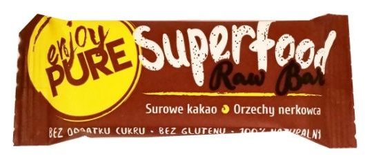 Purella Food, Enjoy Pure Superfood Raw Bar Surowe kakao Orzechy nerkowca, surowy wegański baton bez glutenu o smaku czekolady i orzechów, copyright Olga Kublik