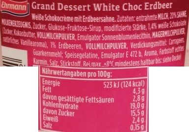 Ehrmann, Grand Dessert White Choc Erdbeer, gęsty pudding o smaku białej czekolady z truskawkową bitą śmietaną, skład i wartości odżywcze, copyright Olga Kublik