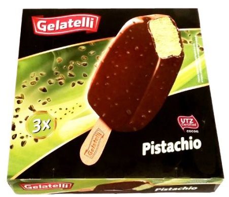 Gelatelli, Pistachio, limitowane lody pistacjowe w mlecznej czekoladzie z kawałkami orzechów pistacjowych z Lidla, copyright Olga Kublik