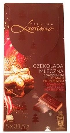 Millano-Baron, Luximo Premium Czekolada mleczna z nadzieniem o smaku piernikowym i kawałkami ciasteczek korzennych, mleczna czekolada z Biedronki, słodycze świąteczne na Boże Narodzenie, copyright Olga Kublik