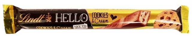 Lindt, Hello Cookies & Cream, baton czekoladowy z nadzieniem ciasteczkowym i herbatnikami kakaowymi, słodycze zagraniczne, copyright Olga Kublik