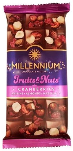 Malbi Foods, Millenium Fruits Nuts Cranberries Raisins Almonds Hazelnuts, mleczna czekolada z bakaliami, czekolada ukraińska, copyright Olga Kublik