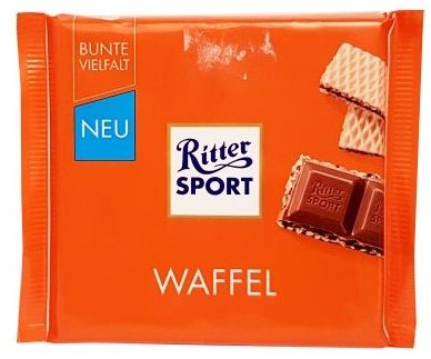 Ritter Sport, Waffel, mleczna czekolada z waflem kakaowym, kremem kakaowym i słonymi chrupkami ryżowymi, copyright Olga Kublik