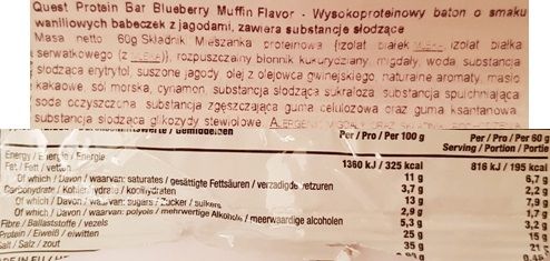 Quest Nutrition, Quest Bar Blueberry Muffin, baton proteinowy o smaku babeczki jagodowej, skład i wartości odżywcze, copyright Olga Kublik