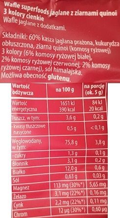 Sonko, Wafle Superfoods jaglane quinoa 3 kolory, zdrowe wafle jaglane, skład i wartości odżywcze, copyright Olga Kublik