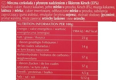 Lindt, Kirsch mleczna czekolada z likierem wiśniowym, skład i wartości odżywcze, copyright Olga Kublik
