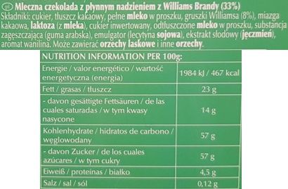 Lindt, Williams mleczna czekolada z brandy gruszkową, skład i wartości odżywcze, copyright Olga Kublik