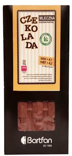 Bartfan, Mleczna czekolada słodzona fruktozą, zdrowa czekolada ze słodzikiem 44% kakao, copyright Olga Kublik