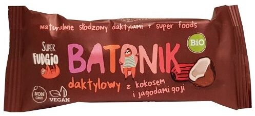 Me gusto, Super Fudgio Batonik daktylowy z kokosem i jagodami goji vegan, copyright Olga Kublik